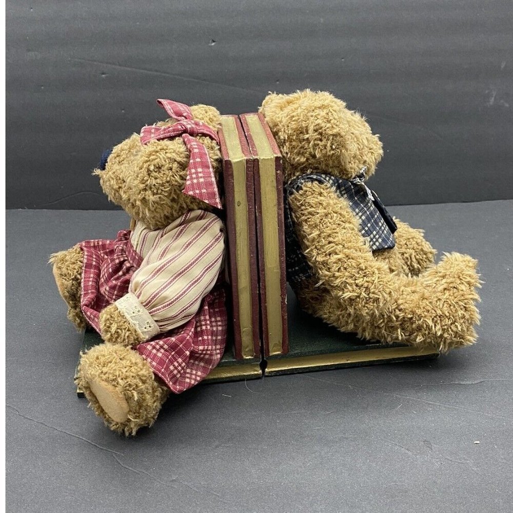 VTG Y2K Teddy Bear Bookends Books Are Fun Wooden Plush Pair Children Library 90s - Picture 3 of 16